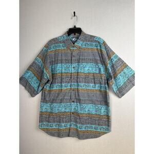 Ocean Pacific Shirt Mens Large Gray Teal Aloha Hawaiian Tribal Short Sleeve OP